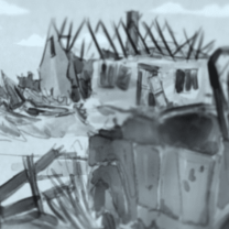 Woman next to bombed out buildings