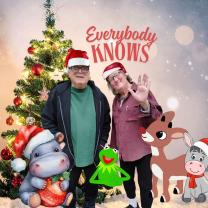 Bob and Dan with Christmas tree, kermit, Dominick the Donkey, a hippo and Rudolph