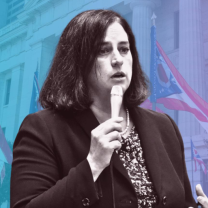 White woman with a mic